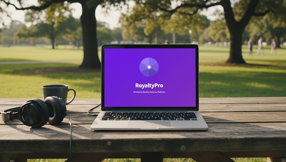 RoyaltyPro on MacBook in a park - check your royalties anywhere